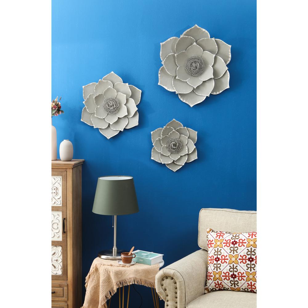 Three Piece Gray Metal Flower Wall Decor. Picture 2