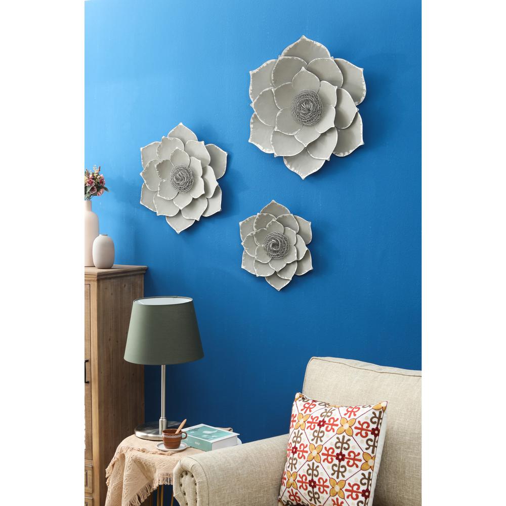 Three Piece Gray Metal Flower Wall Decor. Picture 4