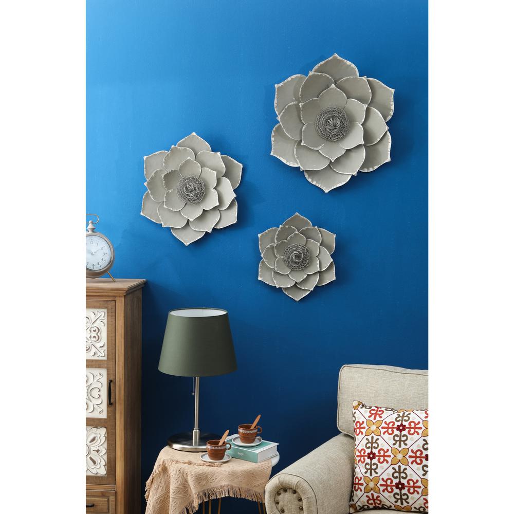 Three Piece Gray Metal Flower Wall Decor. Picture 5