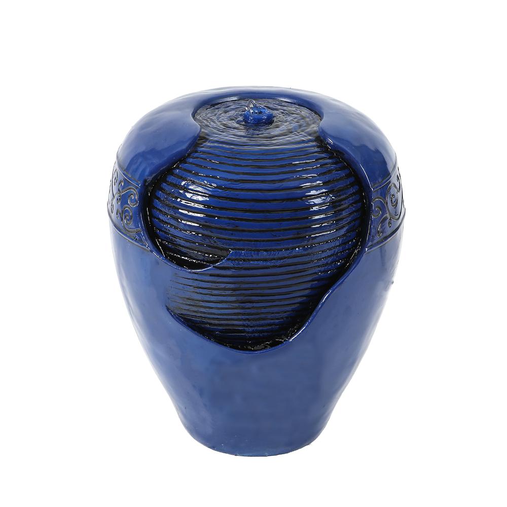 Blue Resin Rippled Urn Outdoor Fountain. Picture 1
