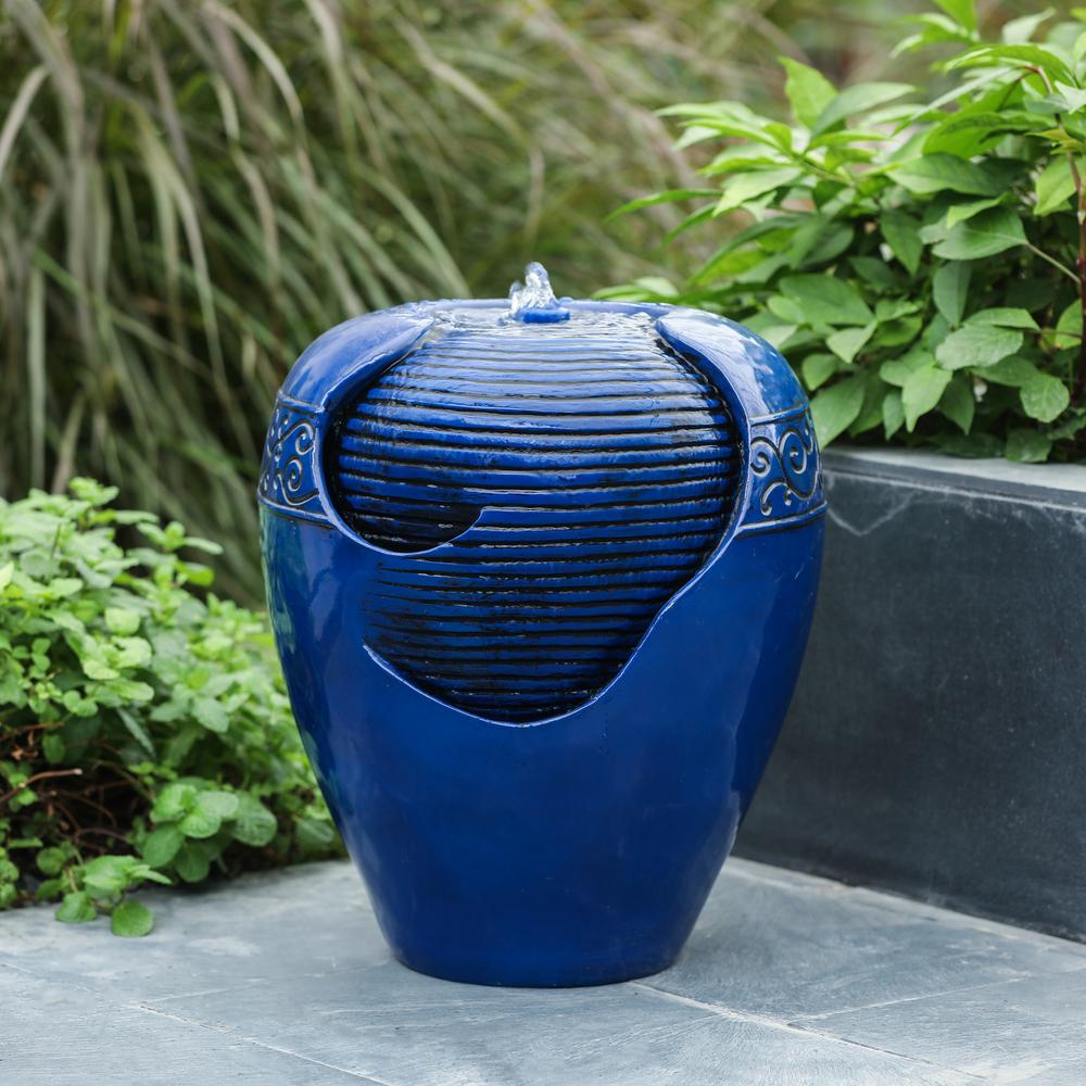 Blue Resin Rippled Urn Outdoor Fountain. Picture 5