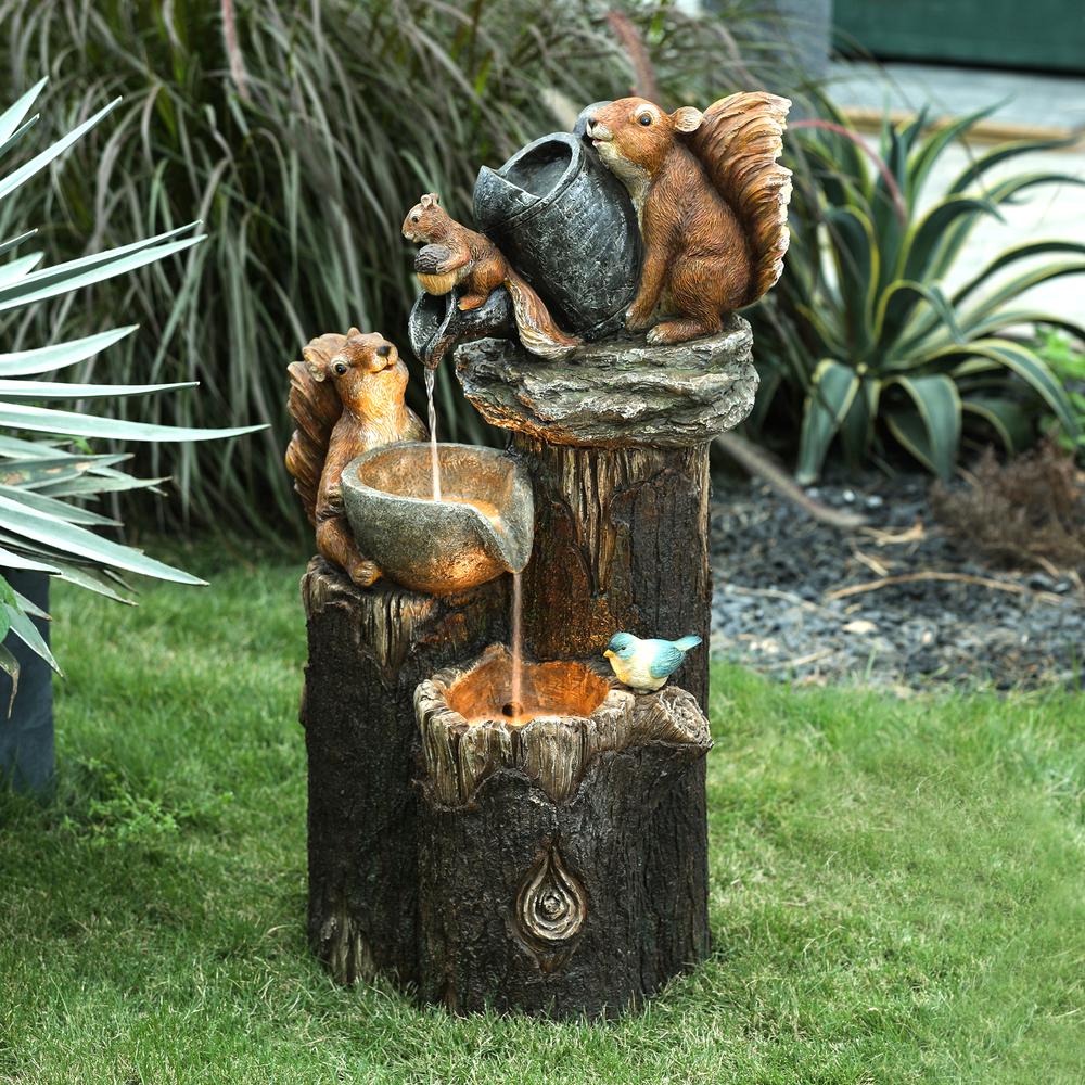 Resin Squirrels on Posts Outdoor Fountain with LED Light. The main picture.