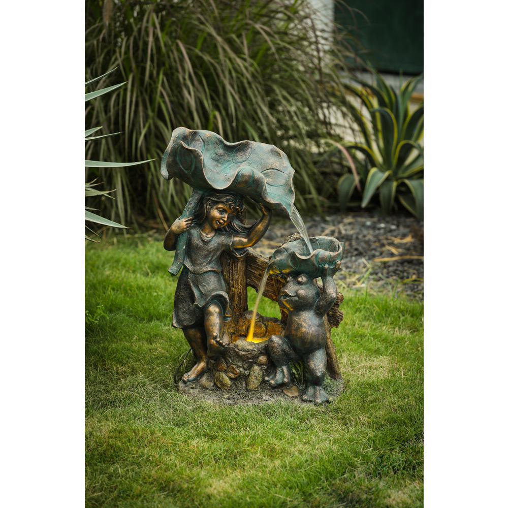 Resin Child and Frog Lily Outdoor Fountain with LED Light. Picture 1