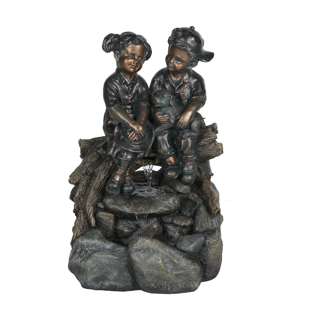 Resin Bronze Children and Dog Outdoor Fountain with LED Light. Picture 2