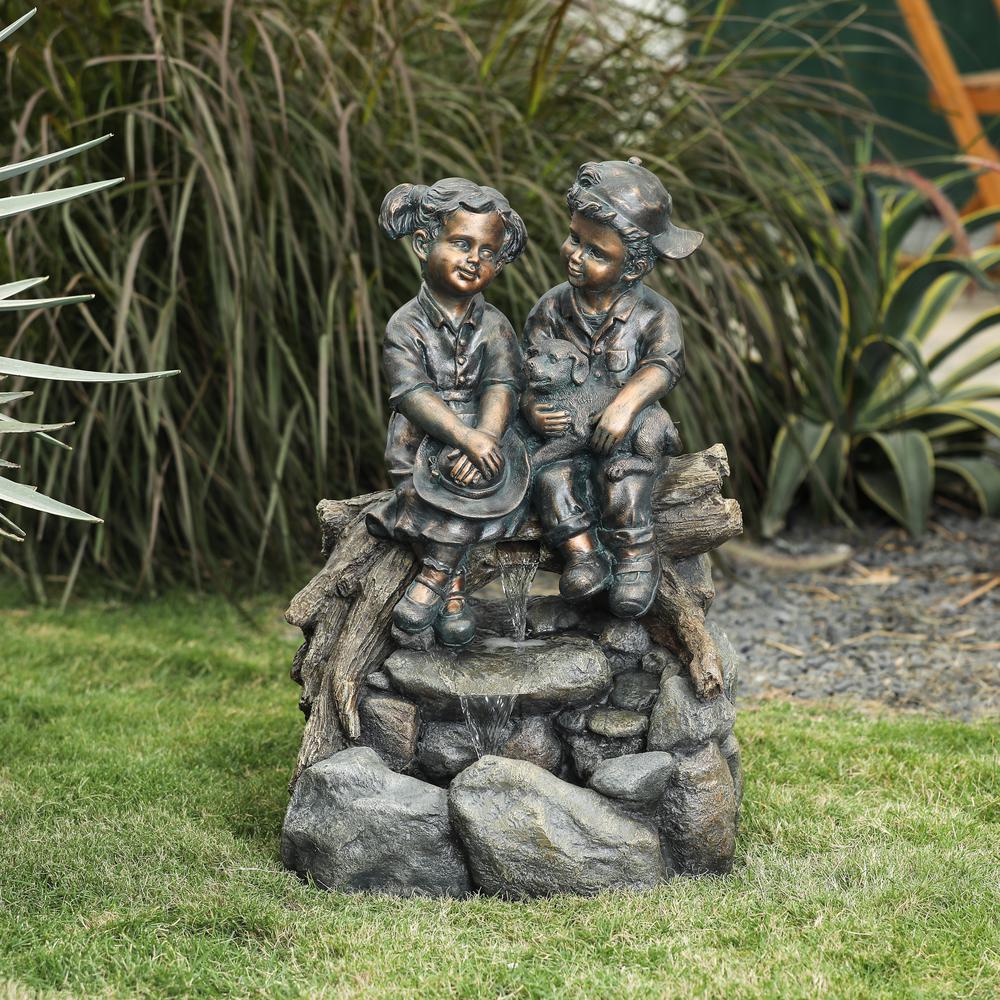 Resin Bronze Children and Dog Outdoor Fountain with LED Light. Picture 1