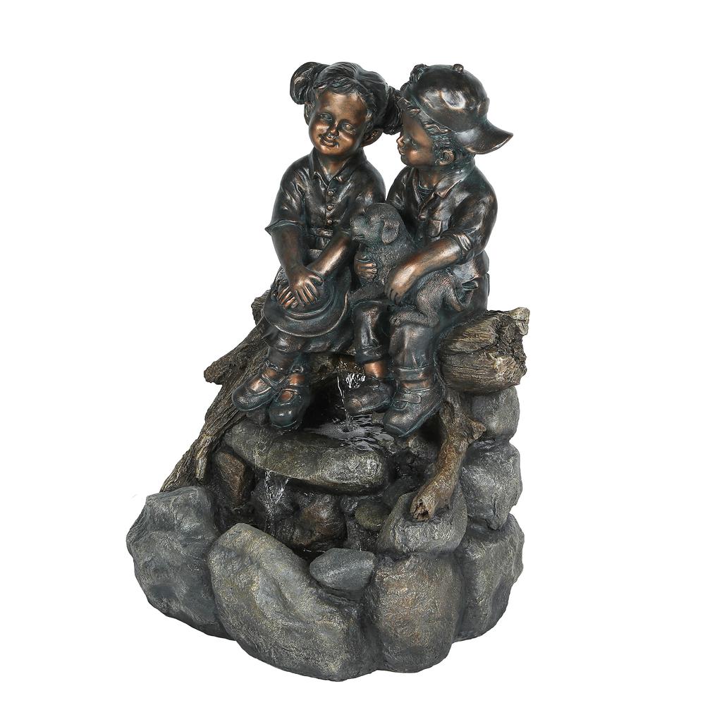 Resin Bronze Children and Dog Outdoor Fountain with LED Light. Picture 4