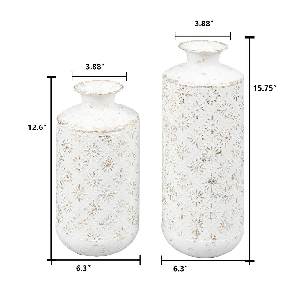 Two Piece White Stamped Metal Vases. Picture 9