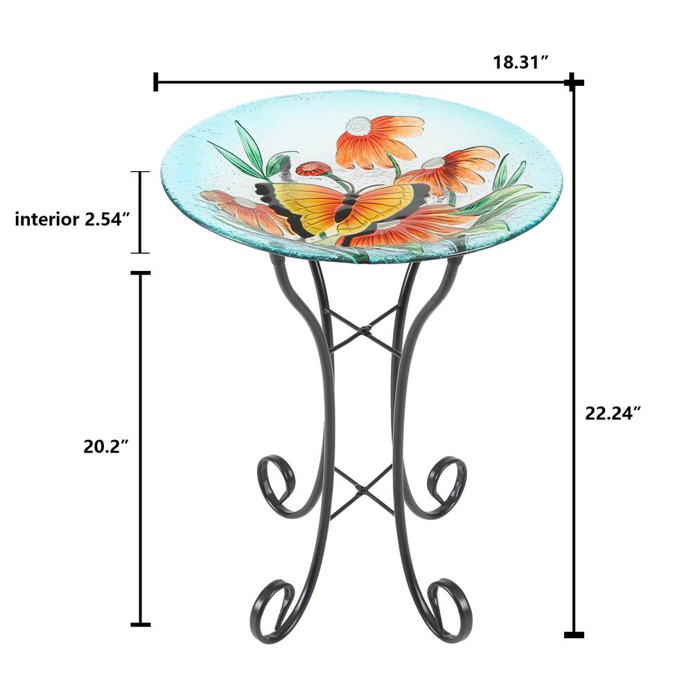 Butterfly and Flowers Glass Bird Bath with Metal Stand. Picture 7