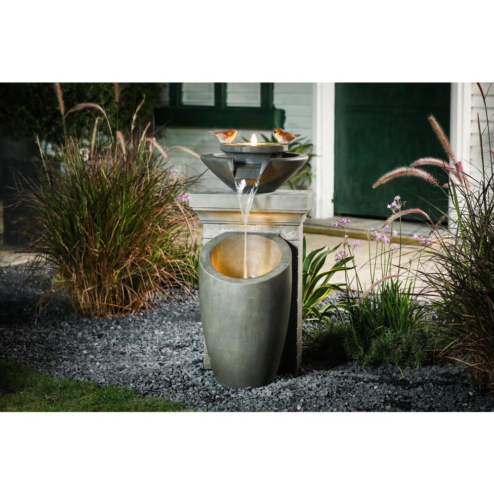Cement Modern Column and Bowls Outdoor Fountain with LED Light. Picture 2