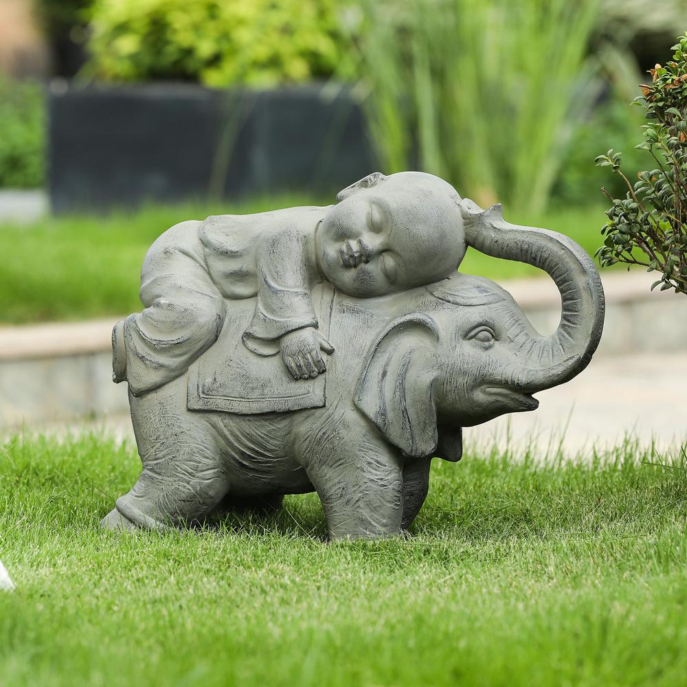 Gray MgO Buddha Monk and Elephant Garden Statue. Picture 1