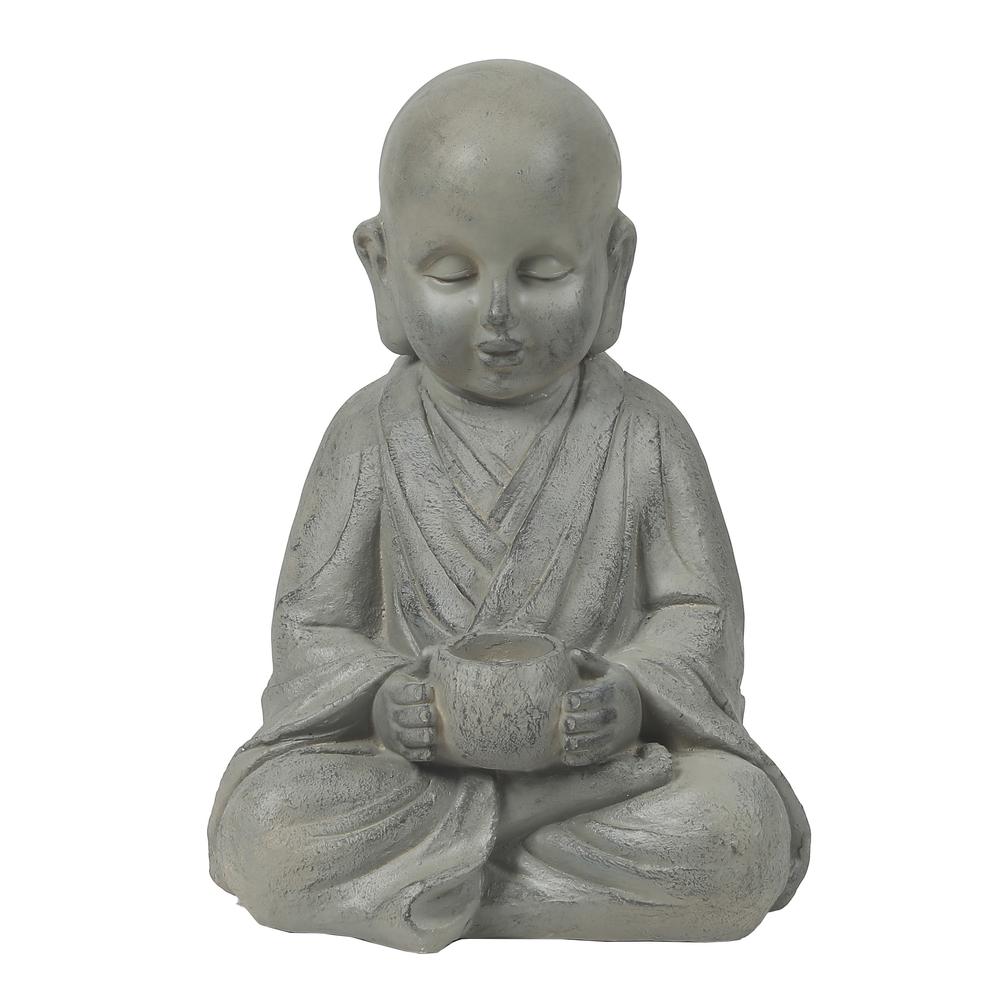 Gray MgO Buddha Monk and Bowl Garden Statue. Picture 2