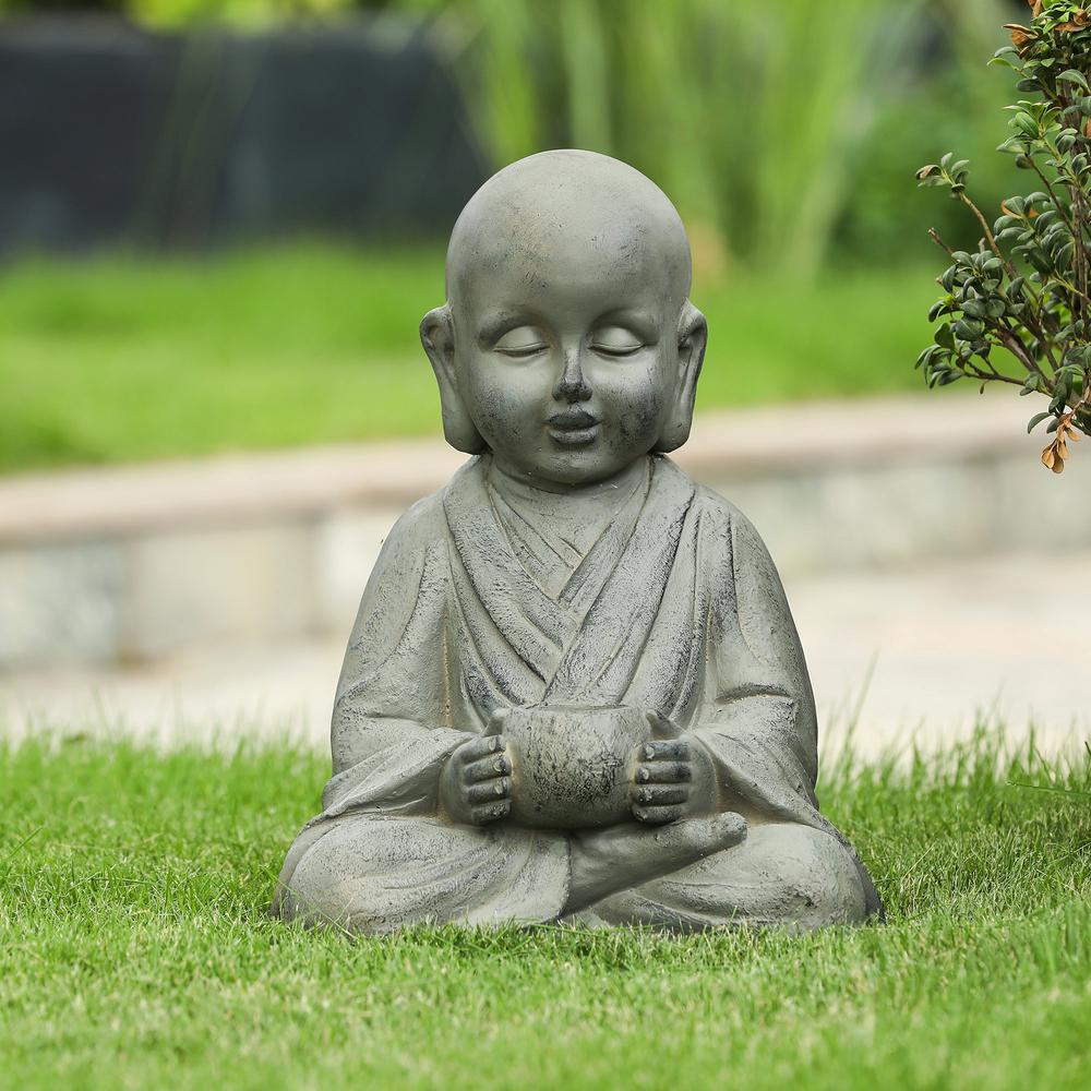 Gray MgO Buddha Monk and Bowl Garden Statue. Picture 1