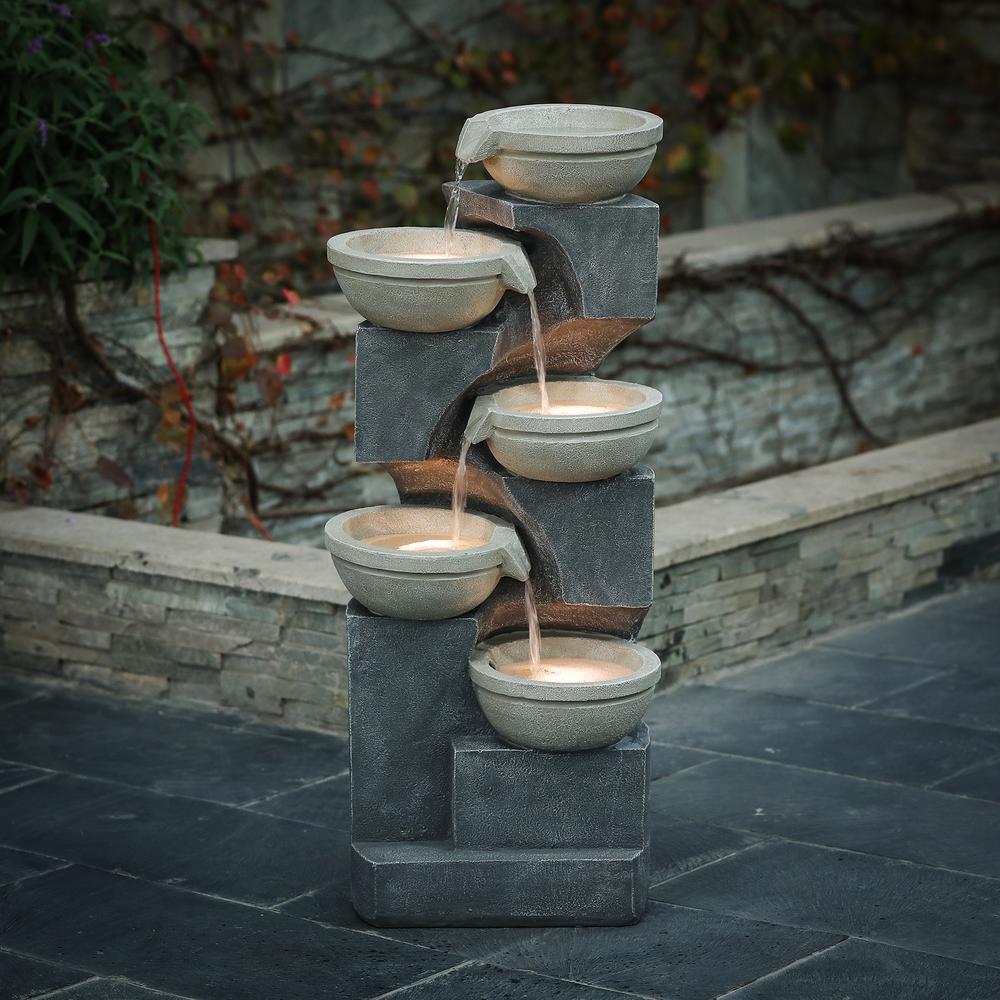 Five Bowl 35" High Gray Resin Cascading Outdoor Fountain with LED Lights. Picture 2