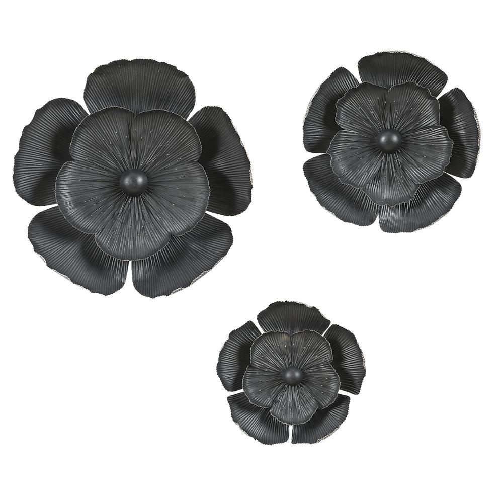 3-Piece Black Metal Flowers Wall Decor. Picture 1