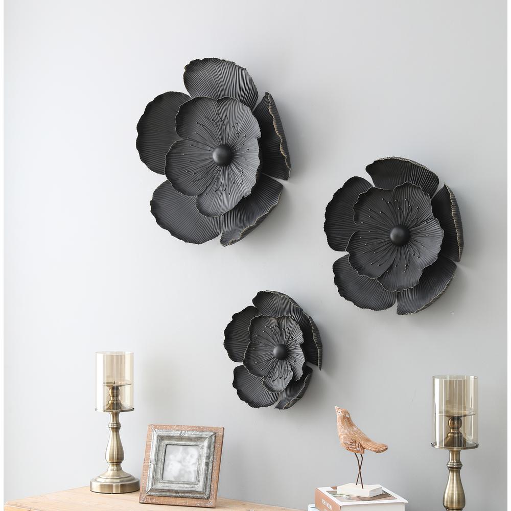 3-Piece Black Metal Flowers Wall Decor. Picture 4