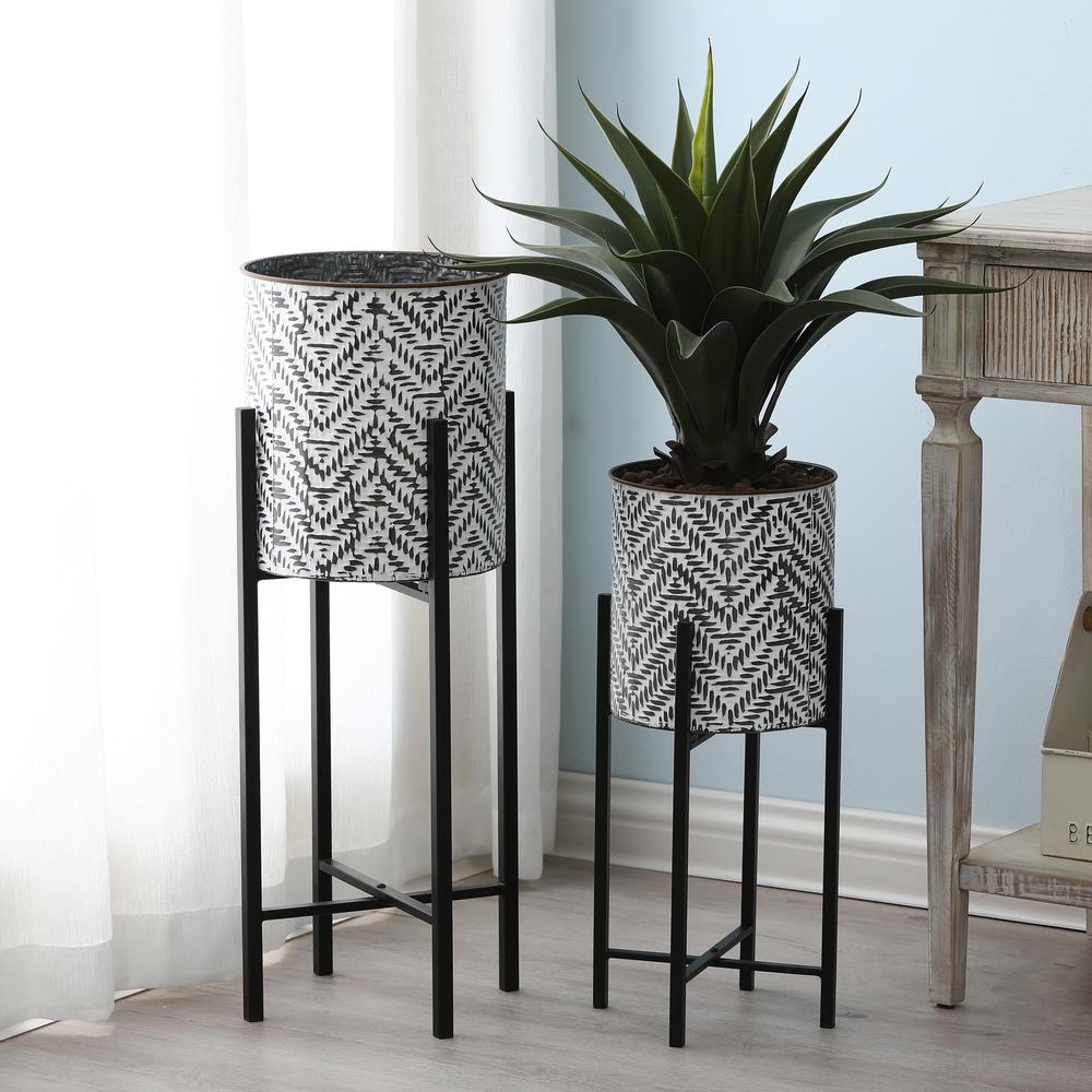 Set of 2 Black and White Metal CachePot Planters with Black Metal Stands. Picture 2