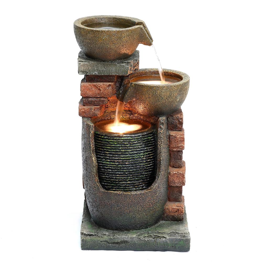 23" H Bowls and Bricks Resin Outdoor Fountain with LED Lights. Picture 1