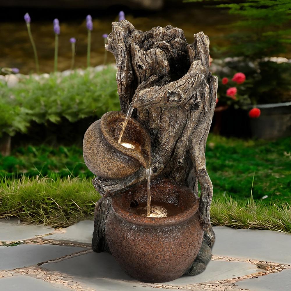 Brown Resin Tree Farmhouse Pots Outdoor Fountain with LED Lights. Picture 2