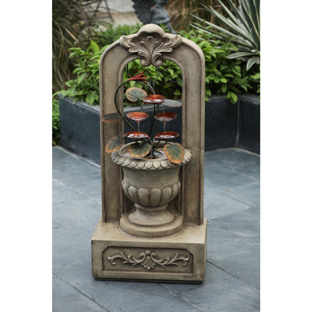LuxenHome 40.35 in. H Arched Cement Urn with Metal Flowers Outdoor Fountain. Picture 2