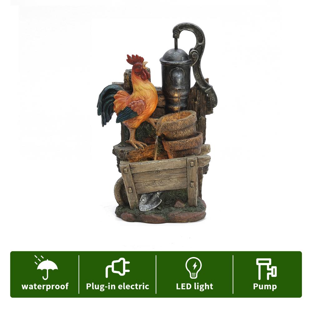 Farmhouse Pump and Rooster Resin Outdoor Fountain with LED Lights. Picture 9