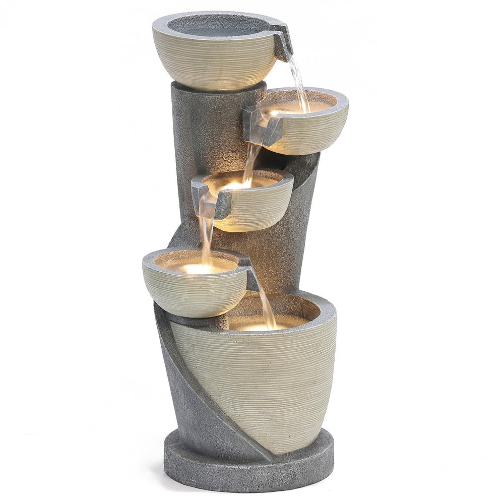 Gray Cascading Bowls and Column Resin Outdoor Fountain with LED Lights. Picture 1