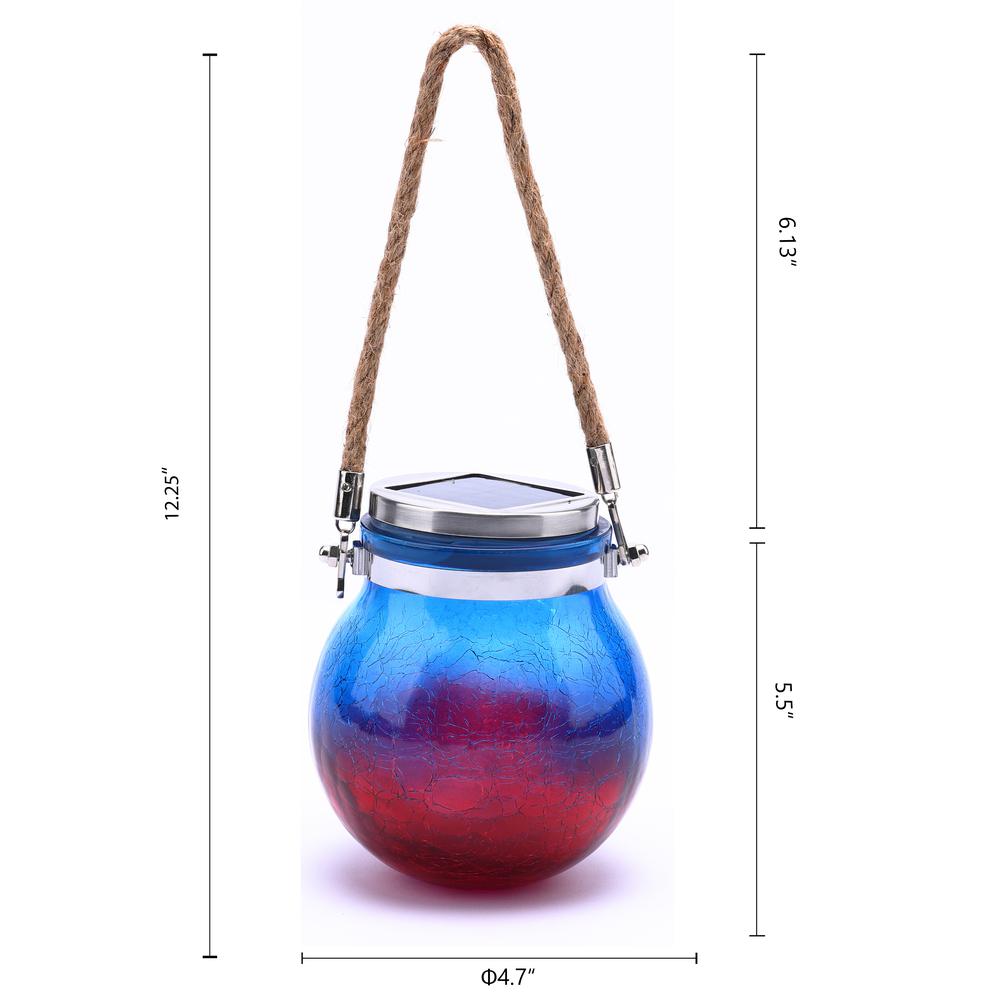 LuxenHome Blue and Red Crackle Glass Solar Outdoor Hanging and Table Lantern. Picture 9