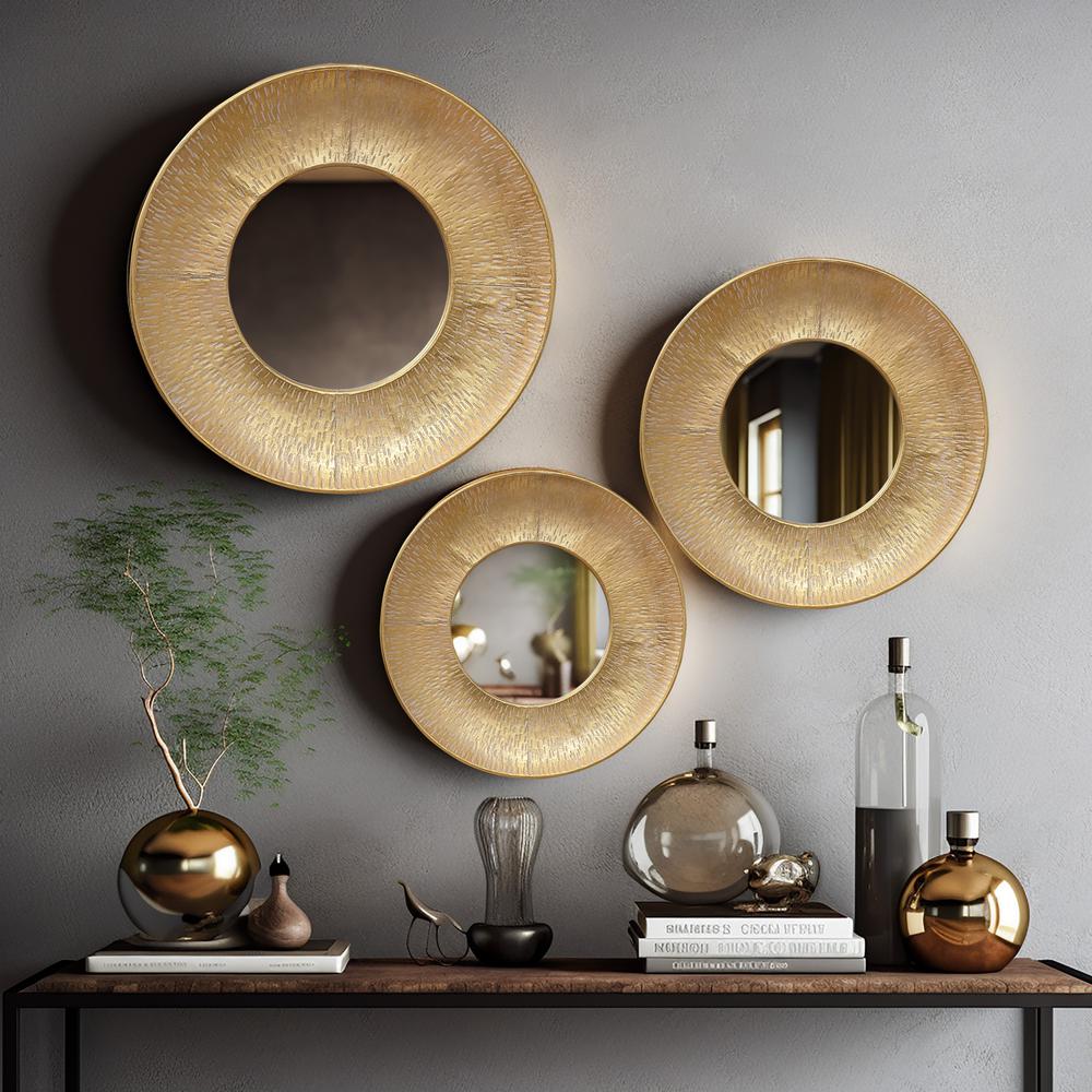 3-Piece Gold Metal Round Wall Mirror Set. Picture 2
