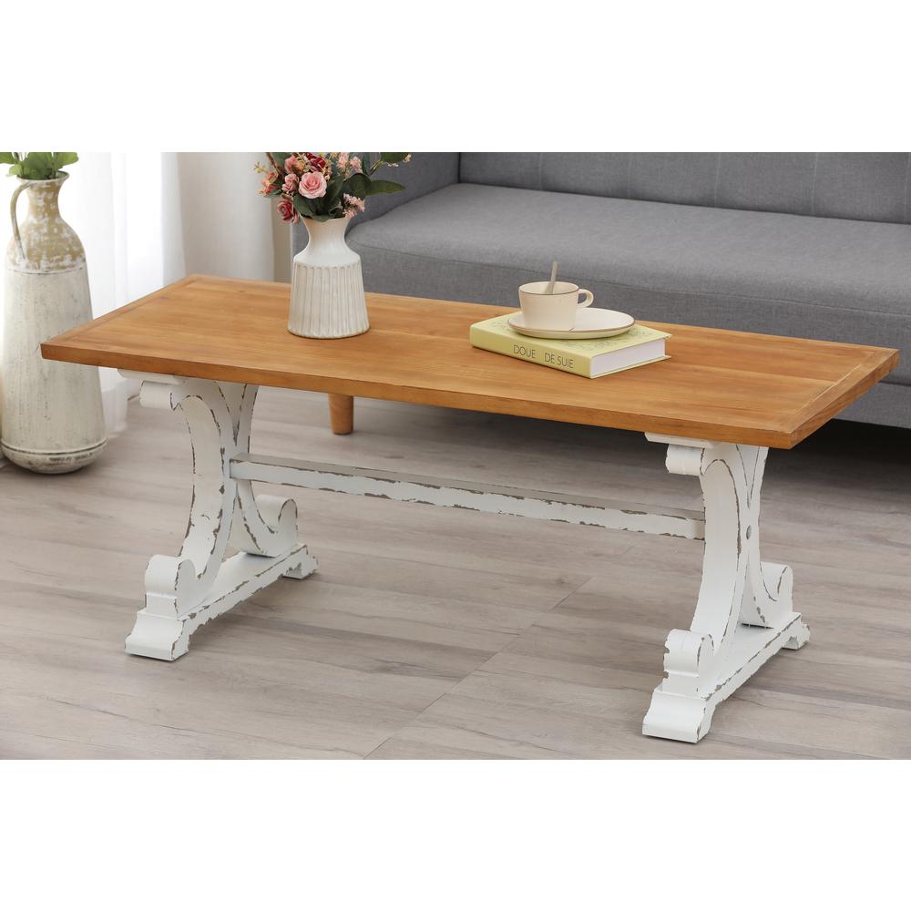 Farmhouse Distressed White and Natural Wood Coffee Table. Picture 2