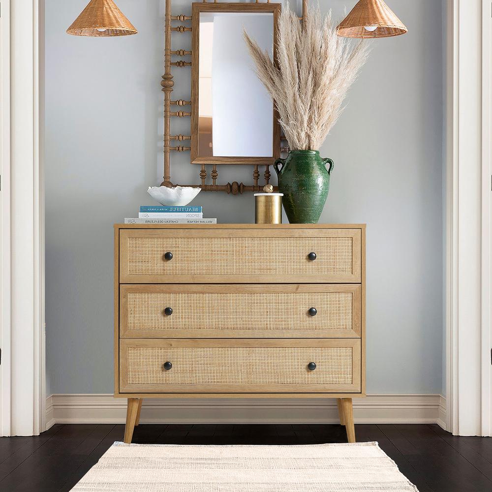 35.4" Wide 3-Drawer Rattan Light Oak Finish Wood Dresser. Picture 12