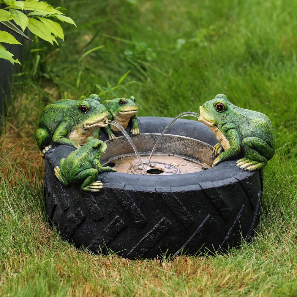 Black Resin Old Tire Frog Friends Outdoor Fountain. Picture 2