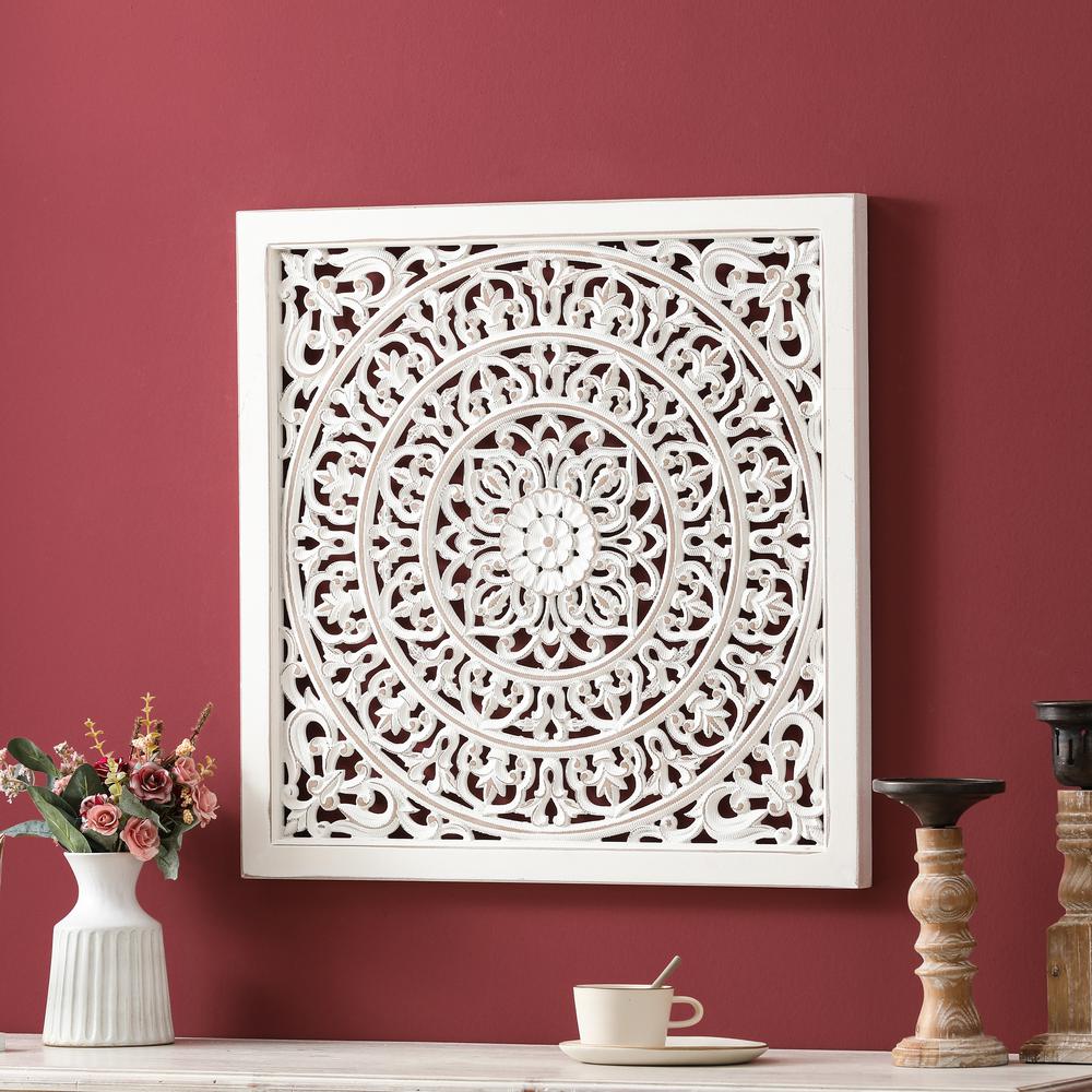 White Wood Square Floral-Patterned Wall Decor. Picture 3