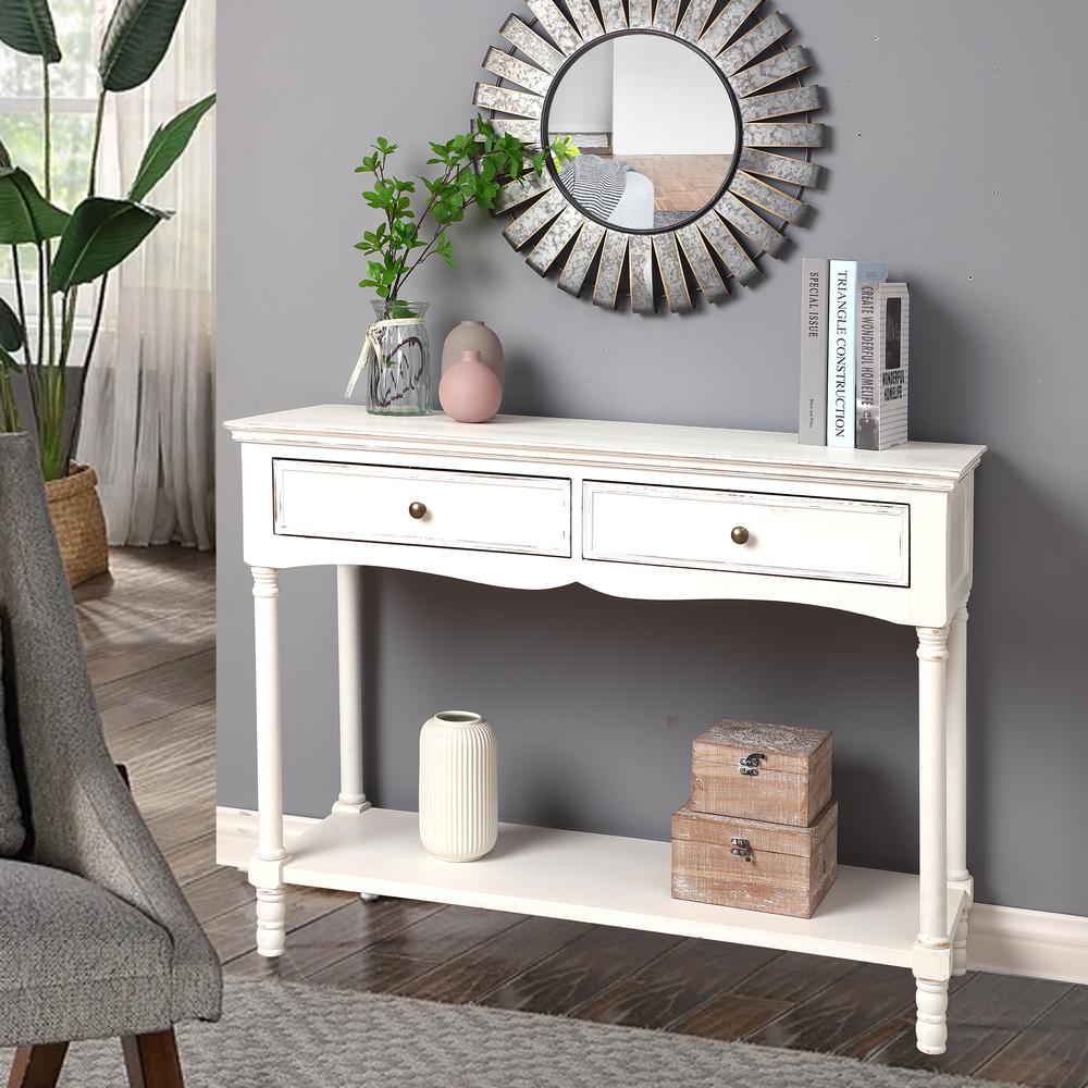 LuxenHome White Wood 2-Drawer Storage Console Table. Picture 4
