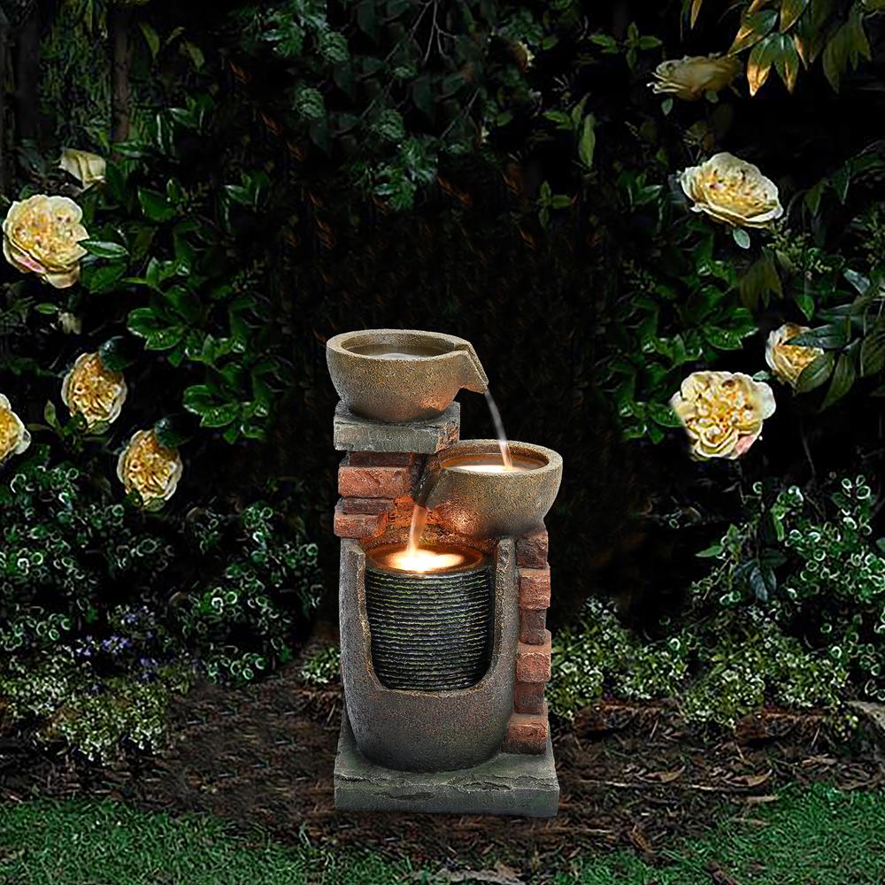 23" H Bowls and Bricks Resin Outdoor Fountain with LED Lights. Picture 6