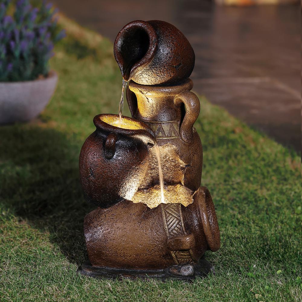 Brown Urns Resin Outdoor Fountain with LED Lights. Picture 2