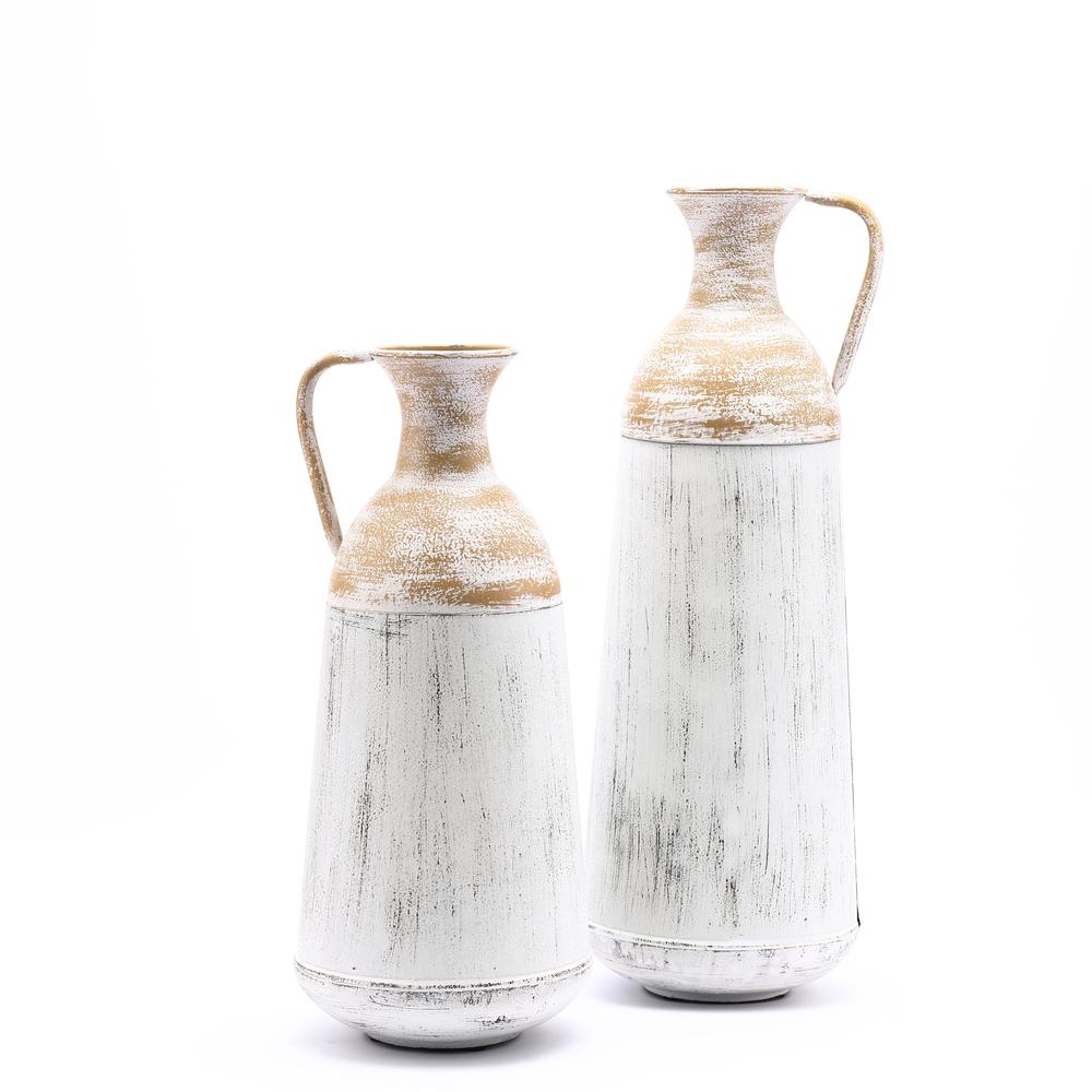 Set of 2 Distressed Off White and Rustic Brown Metal Pitcher Vase. Picture 5