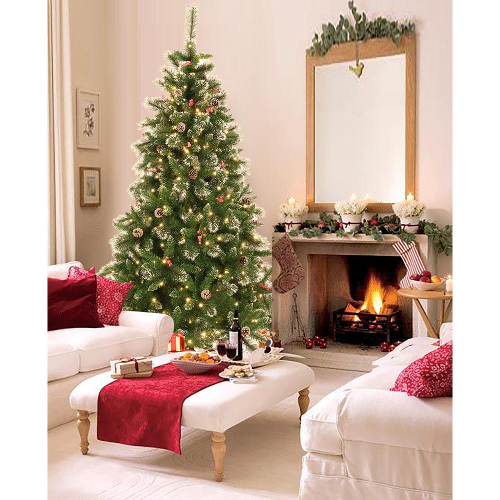 6Ft Pre-Lit LED Artificial Full Pine Christmas Tree with Pine Cones and Red Holly Berries. Picture 6