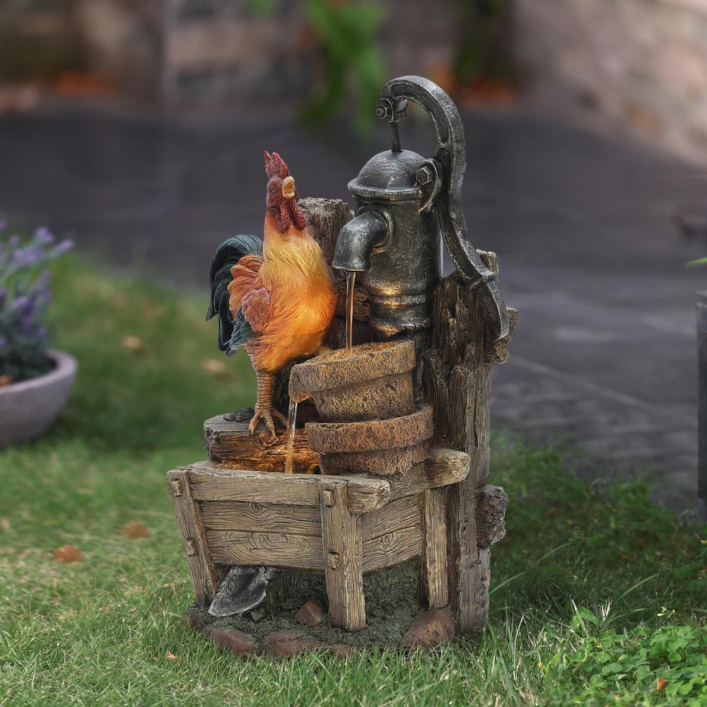 Farmhouse Pump and Rooster Resin Outdoor Fountain with LED Lights. Picture 2