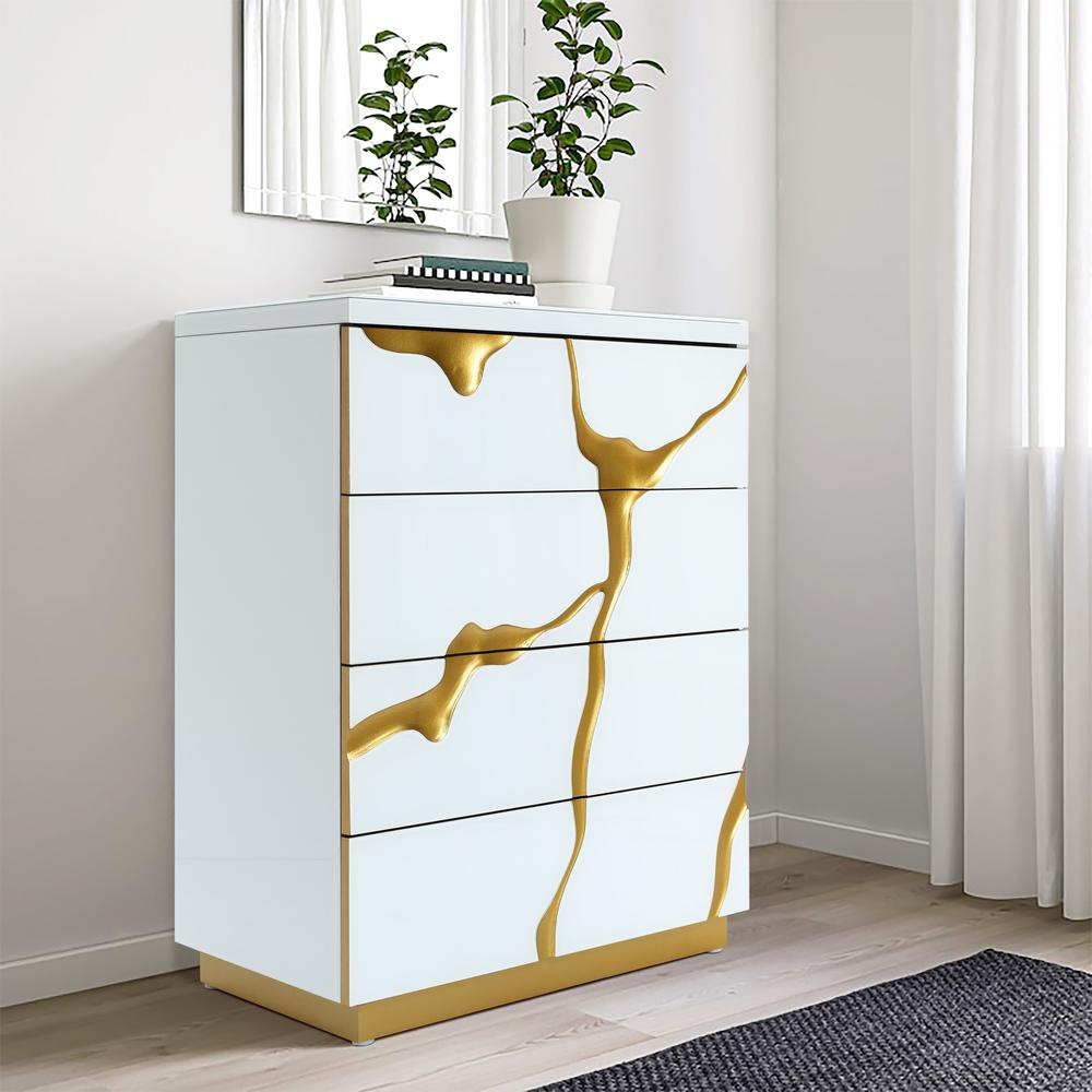Modern White with Gold Ribbon 35.4" Tall 4-Drawer Chest. Picture 14