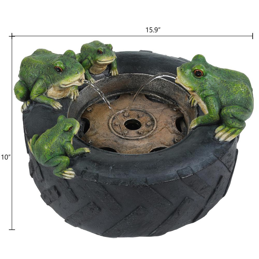 Black Resin Old Tire Frog Friends Outdoor Fountain. Picture 8