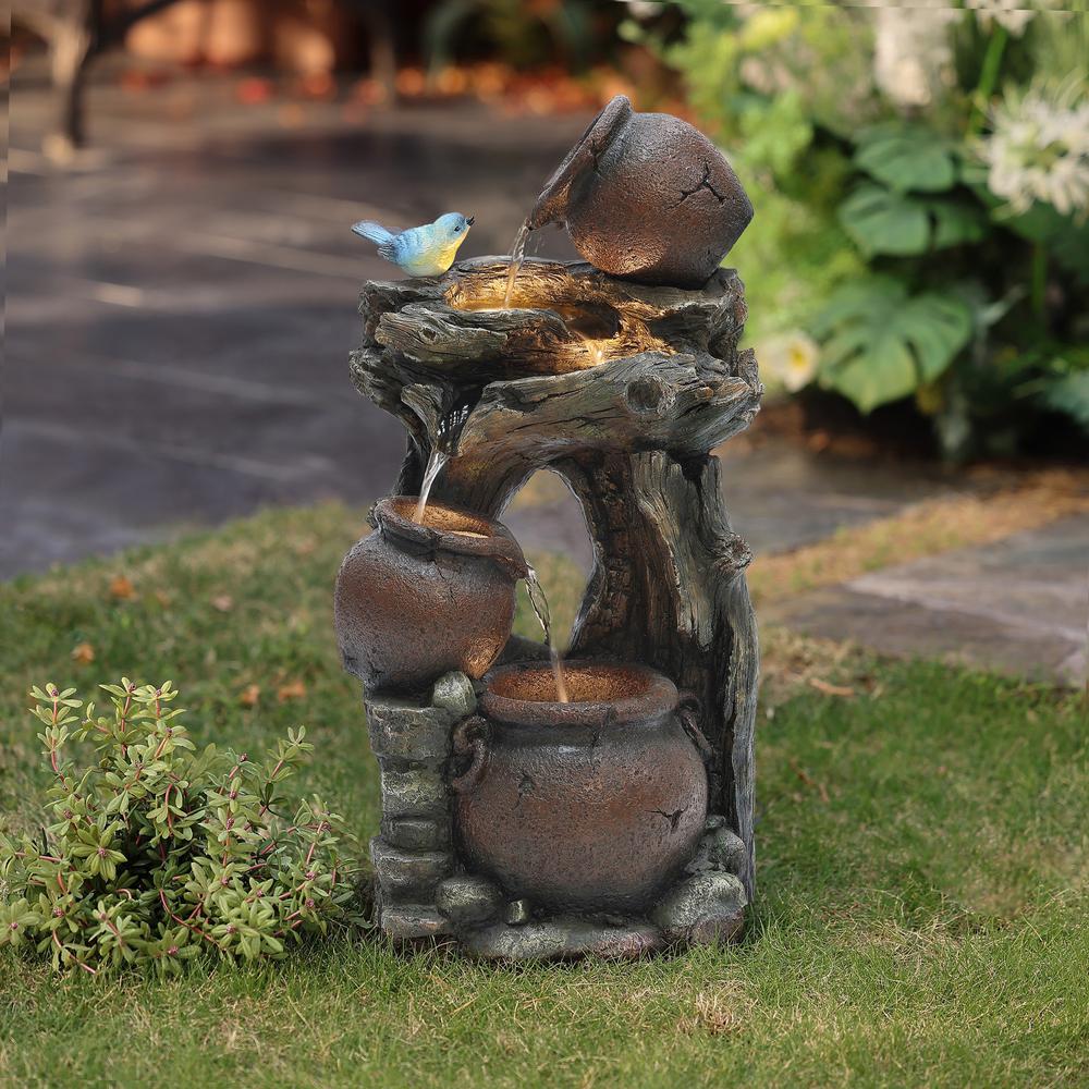 Rustic Pots and Pitchers on Tree Resin Outdoor Fountain with LED Lights. Picture 7