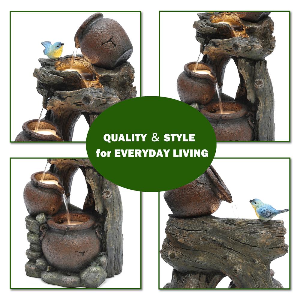 Rustic Pots and Pitchers on Tree Resin Outdoor Fountain with LED Lights. Picture 12