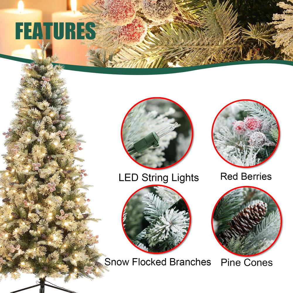 6.5Ft Pre-Lit Flocked Artificial Christmas Tree with Berries and Pine Cones. Picture 11