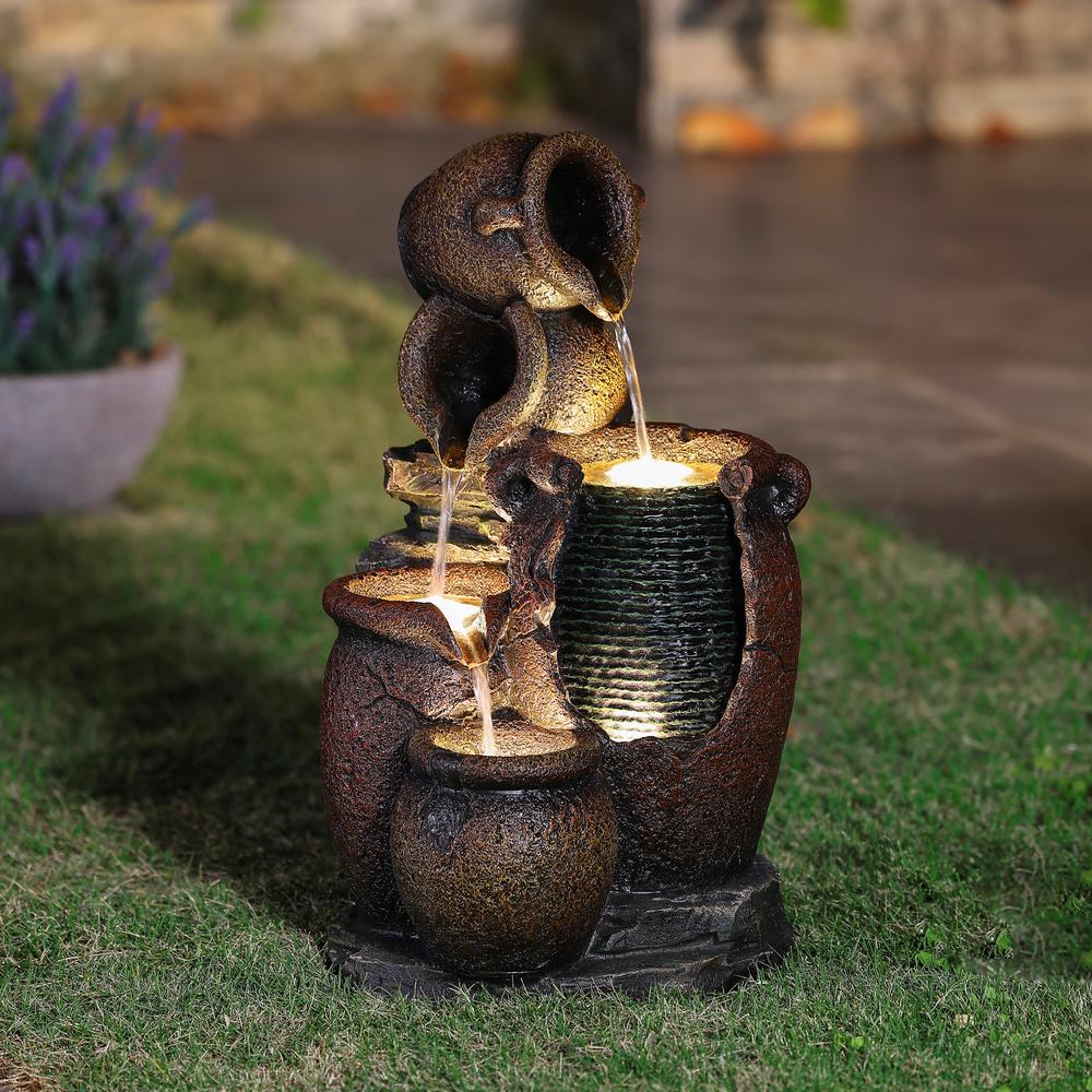 Rustic Brown Urns Resin Outdoor Fountain with LED Lights. Picture 2