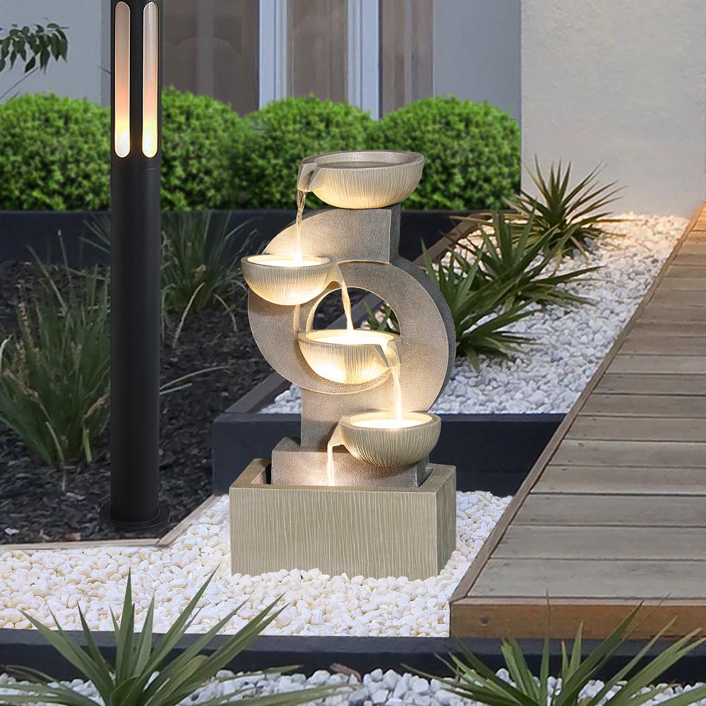 Gray Curves and Cascading Bowls Resin Outdoor Fountain with LED Lights. Picture 4