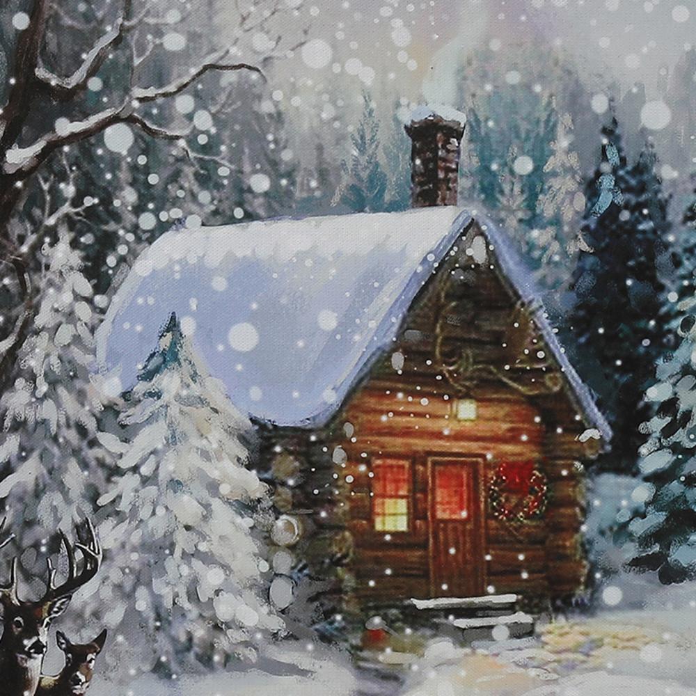 Winter Wonderland Log Cabin Lighted Canvas Print. Picture 4
