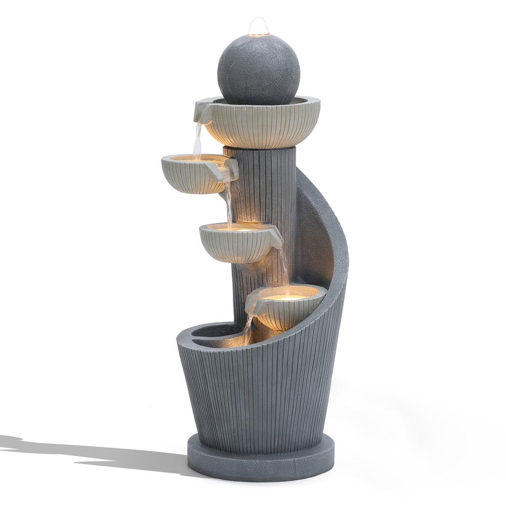 Gray Resin Spiral Sculpture with Bubbler 5-Tier Outdoor Fountain with Lights. Picture 1