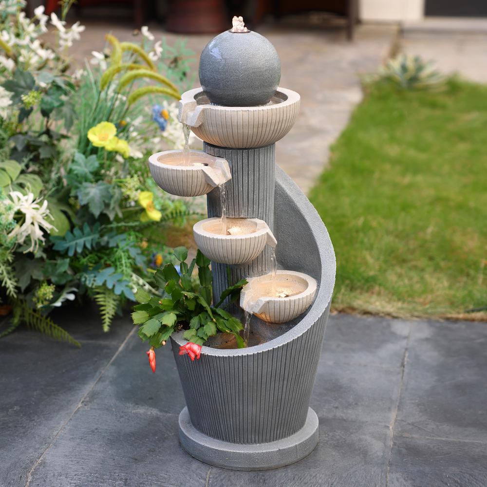 Gray Resin Spiral Sculpture with Bubbler 5-Tier Outdoor Fountain with Lights. Picture 5
