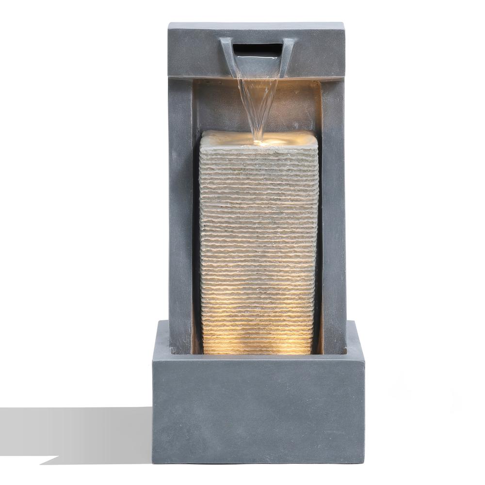 Gray Resin 2-Column Sculpture Outdoor Fountain with Lights. Picture 1
