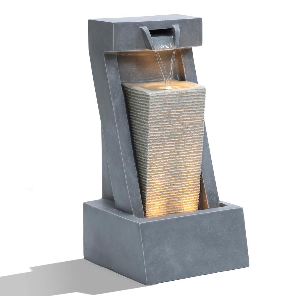 Gray Resin 2-Column Sculpture Outdoor Fountain with Lights. Picture 2