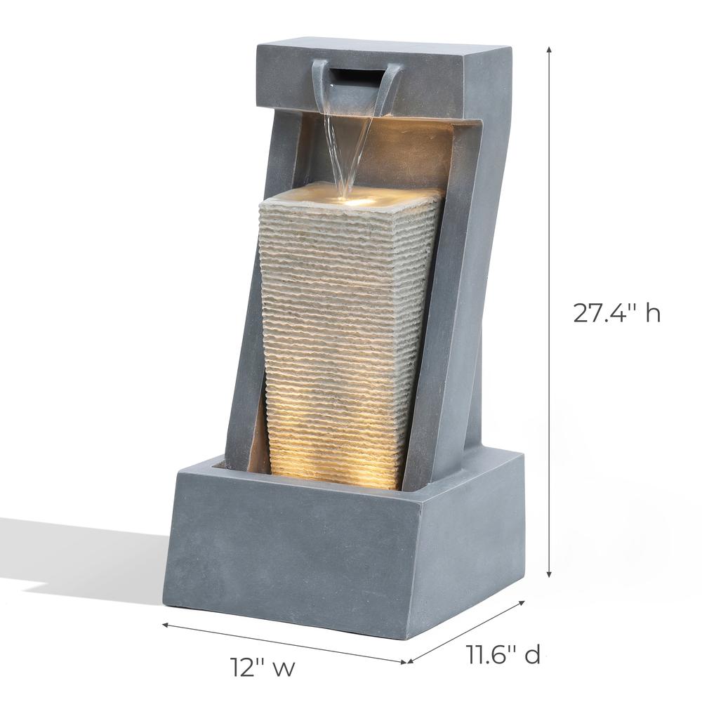 Gray Resin 2-Column Sculpture Outdoor Fountain with Lights. Picture 7